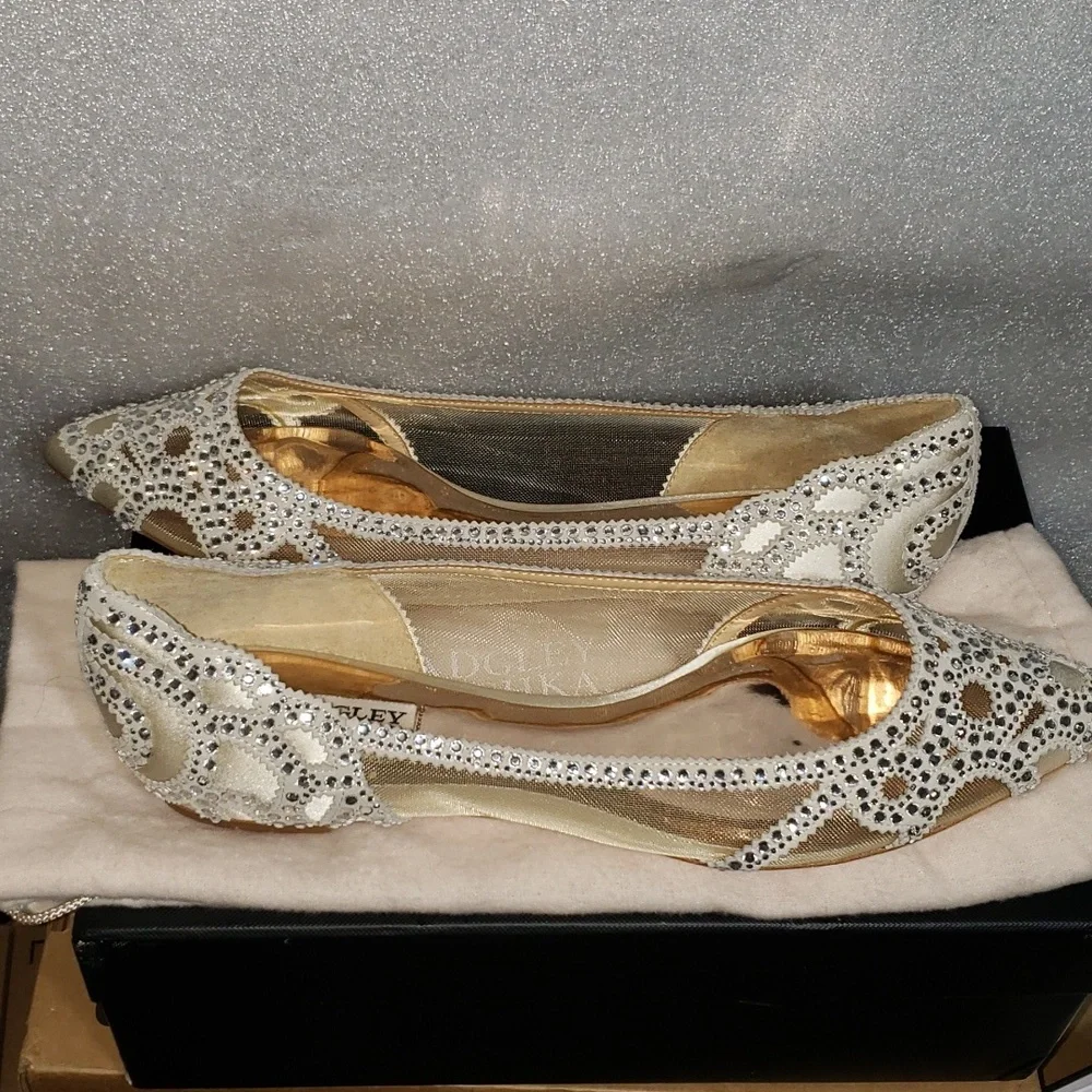 New Badgley Mishka Gigi Pointed Toe Crystal Evening Flats Size 9.5M Ivory - Picture 7 of 10